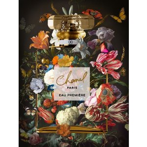 Glasschilderij Gouden parfumfles Coco Chanel Paris 60x80cm