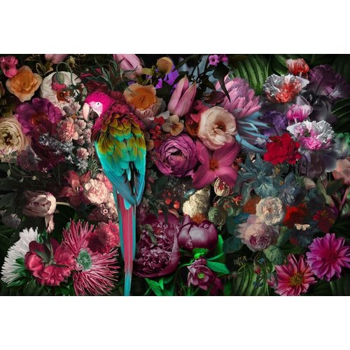 Glasschilderij Papegaai in bloemen 80x120cm. Glasschilderij Papegaai in bloemen 80x120cm.