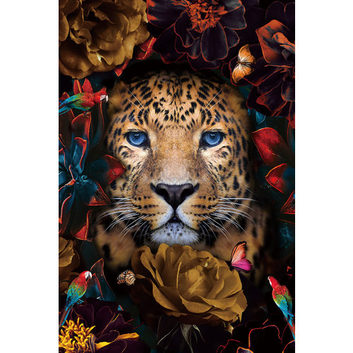 Glasmalerei Panther in Blumen 80x120cm.