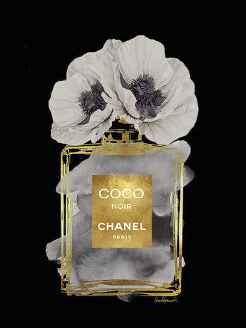 glasschilderij coco chanel flesje zwart met goudfolie