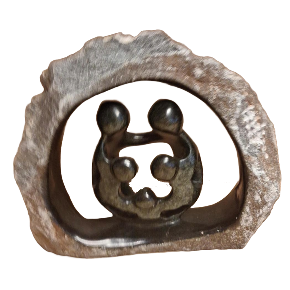 Soapstone statue Family 5 people in rough stone Eliassen Home