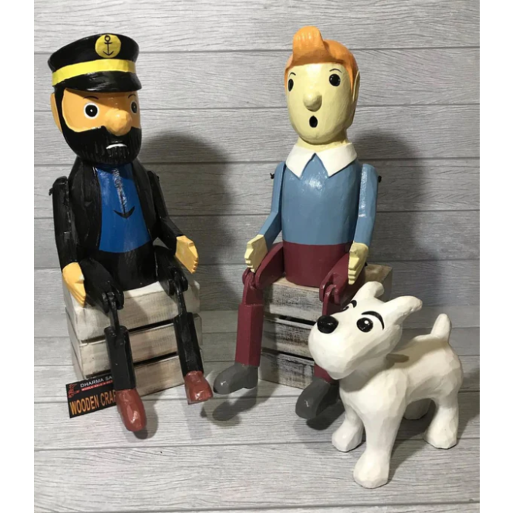 Houten beelden set Kuifje met kapitein Haddock en hond Bobby