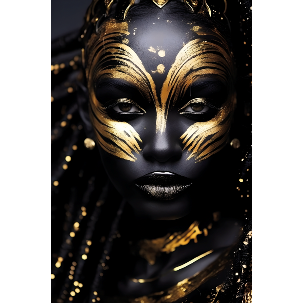 Glass painting Black and gold face 80x120cm. Eliassen.nl Eliassen