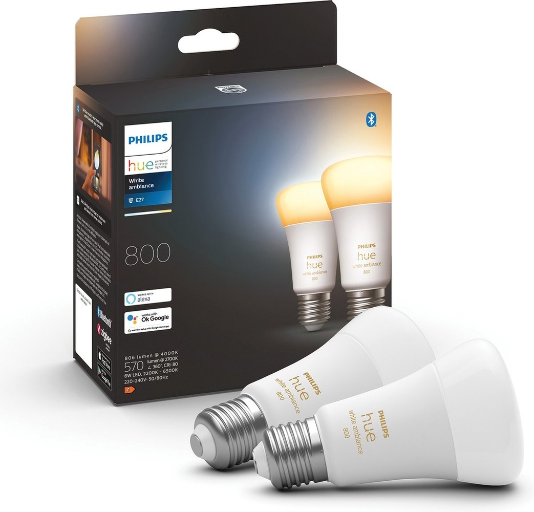 Philips Philips Hue Slimme Lichtbron E27 Duopack - White Ambiance - 8,5W - Bluetooth - 2 Stuks Philips Philips Hue Slimme Lichtbron E27 Duopack - White Ambiance - 8,5W - Bluetooth - 2 Stuks