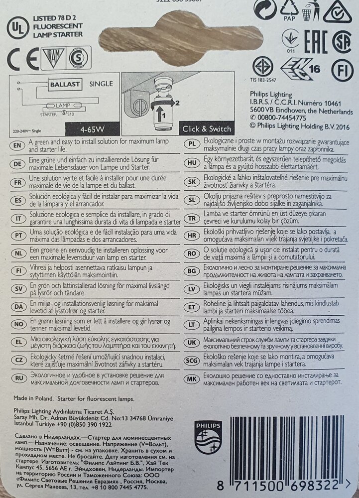 Philips PHILIPS starter S10 - Ecoclick -  4 - 65 watt - multipack 6 stuks Philips PHILIPS starter S10 - Ecoclick -  4 - 65 watt - multipack 6 stuks