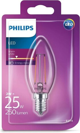 Philips Philips LED kaarslamp filament E14 2W helder warm wit Philips Philips LED kaarslamp filament E14 2W helder warm wit