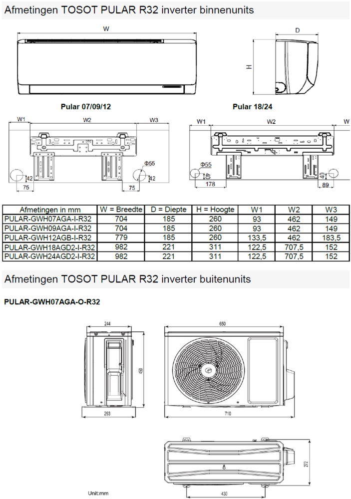Tosot TOSOT PULAR GWH18AGD-I 4.6 kW R32 (incl. wifi)  airco systeem  16000BTU