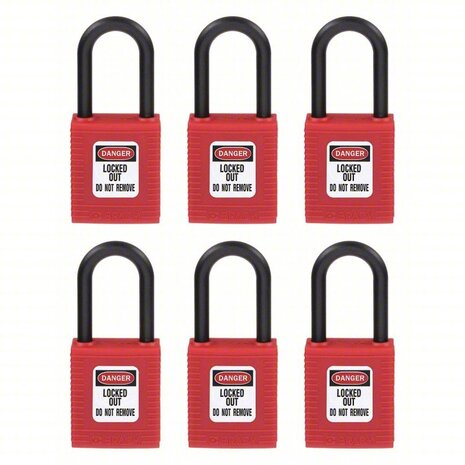 Brady Brady - Hangslot - Nylon/Polyamide Body En Beugel - 38mm - Rood - Set van 6 Brady Brady - Hangslot - Nylon/Polyamide Body En Beugel - 38mm - Rood - Set van 6