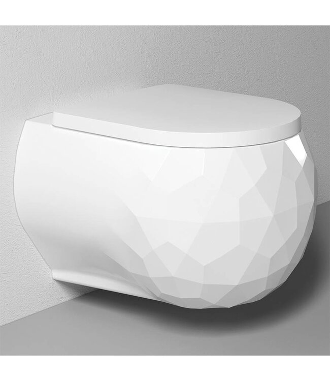 Sanitear Uniek Design Wandcloset Zonder spoelrand KWARTS  Mat wit , incl. Toiletzitting softclose