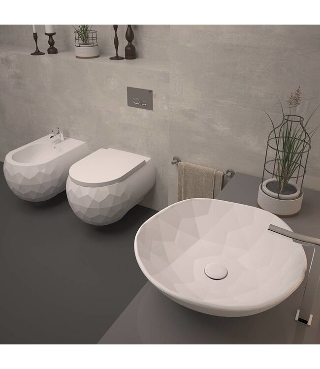 Sanitear Uniek Design Wandcloset Zonder spoelrand KWARTS  Mat wit , incl. Toiletzitting softclose