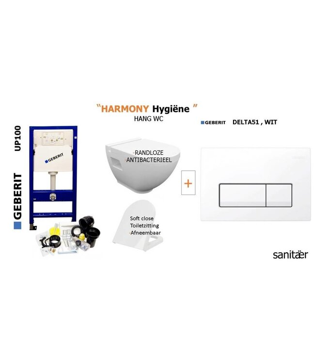 Geberit GEBERIT UP100 Toiletset 202 / HARMONY wc Zonder Spoelrand met Delta51 WIT Drukplaat