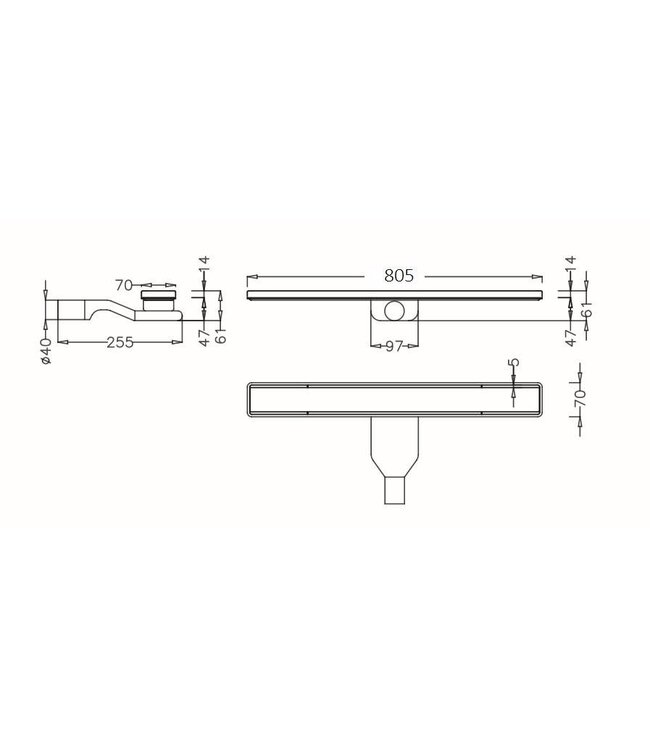 Nordlig STAAL Douchegoot Ultra Slim RVS met rooster+flens 80 cm / 360° Draaibaar