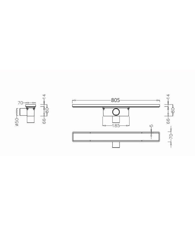 Nordlig STAAL Douchegoot RVS met rooster+flens 80 cm+HAARFILTER