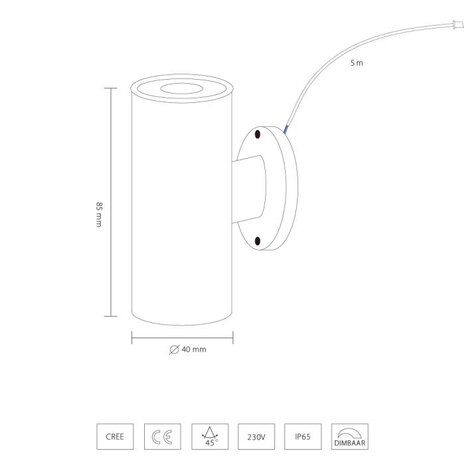 Hamulight Wandspot up & down  zwart rond