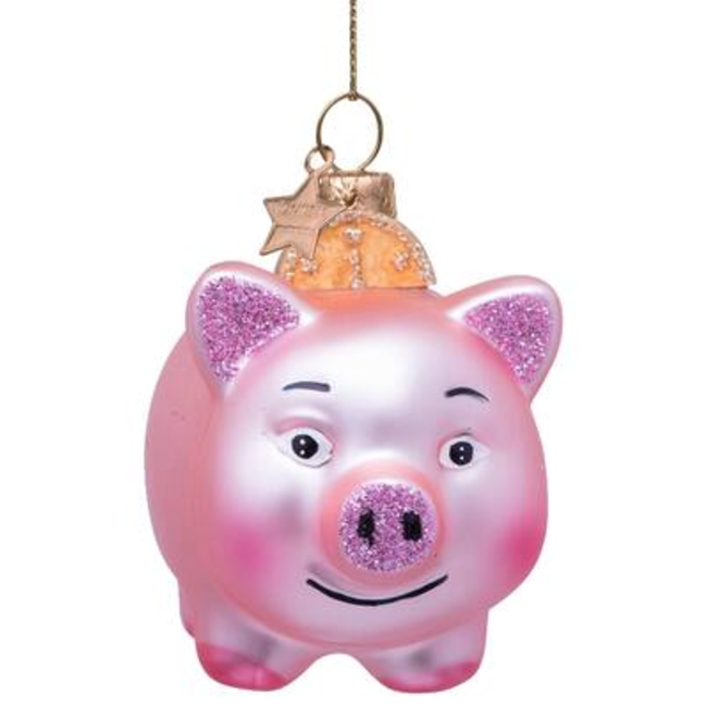 Ornament glass soft pink matt piggy bank w/coin