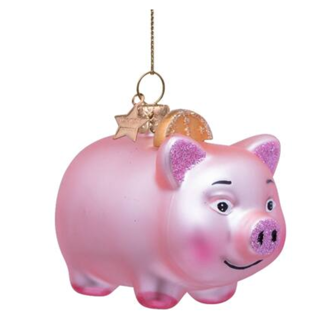 Ornament glass soft pink matt piggy bank w/coin