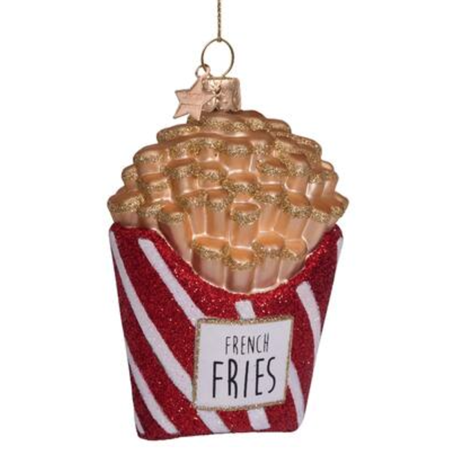 Ornament glass red/white glitter french fries