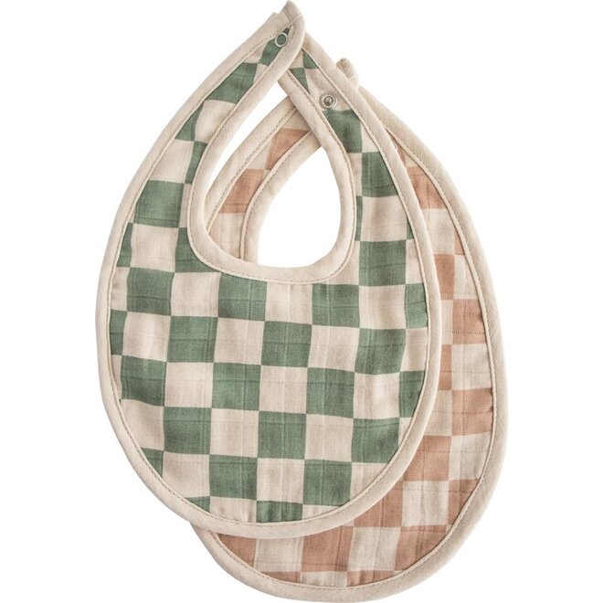 Muslin bibs 2-pack olive check-natural check