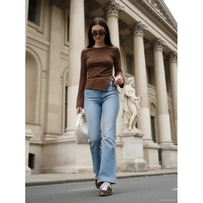 top met strikdetails bruin