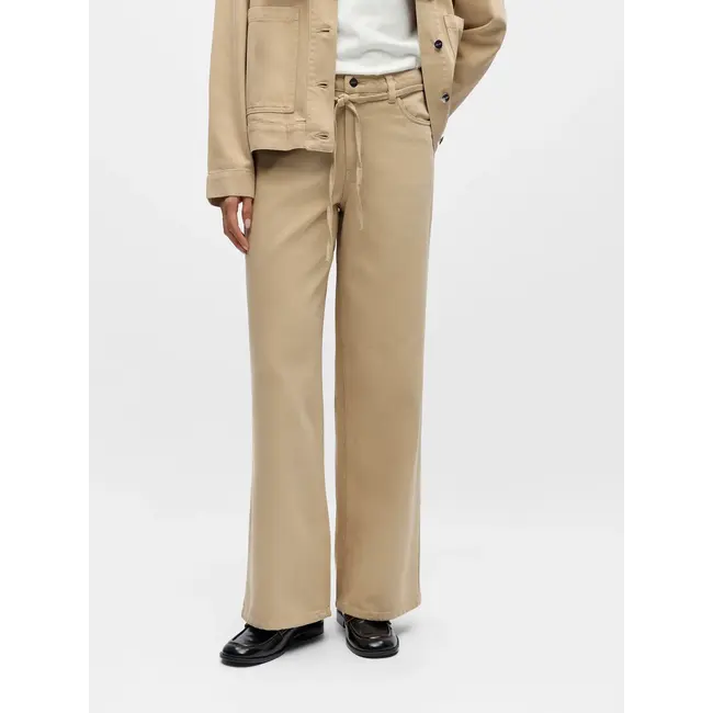 Object wide jeans met strikceintuur beige