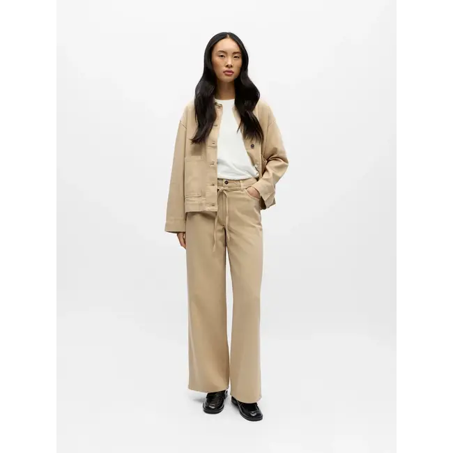 Object wide jeans met strikceintuur beige
