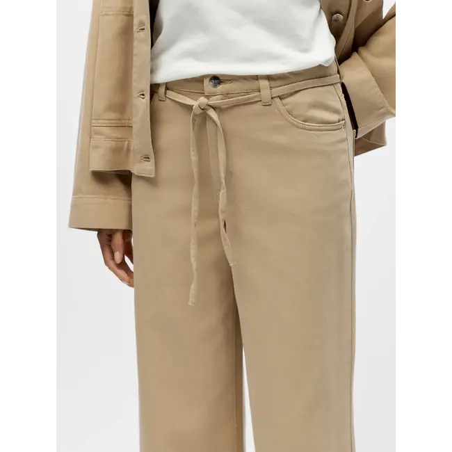 Object wide jeans met strikceintuur beige