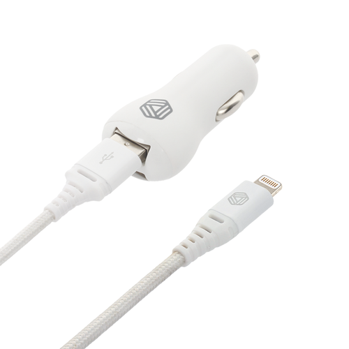 Promiz Car Charger Pack - White, Dual USB 2.4A + Lightning Cable