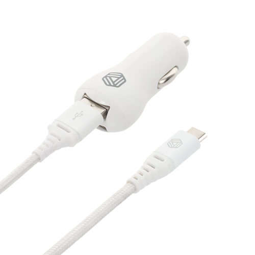 Promiz Car Charger Pack - White, Dual USB 2.4A + USB-C Cable