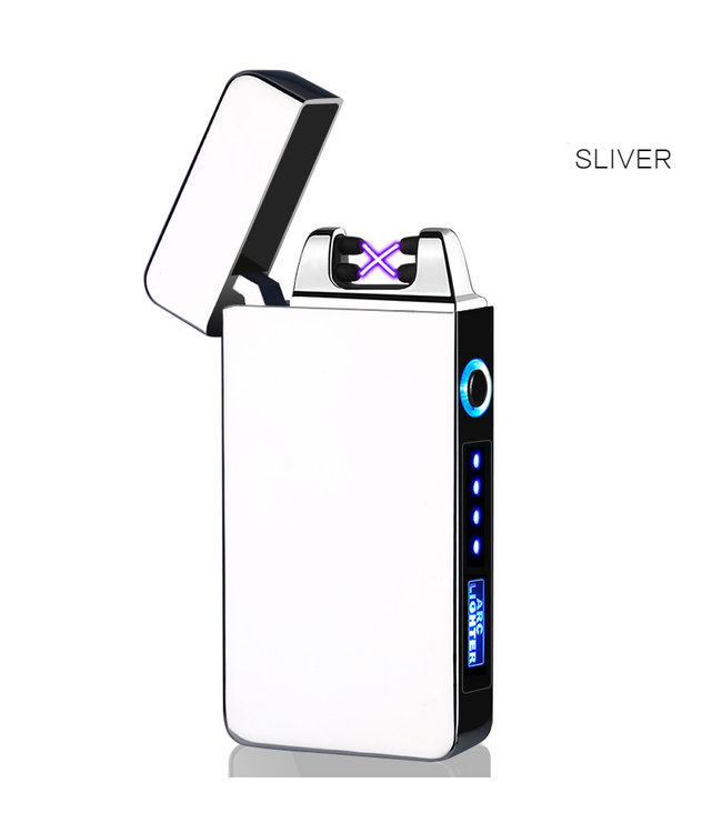 Cuberna Elektrische Plasma USB aansteker met batterij indicator Zilver - Wind en Storm bestendig - Geschikt voor Kaarsen, Vuurwerk, Sigaretten en BBQ