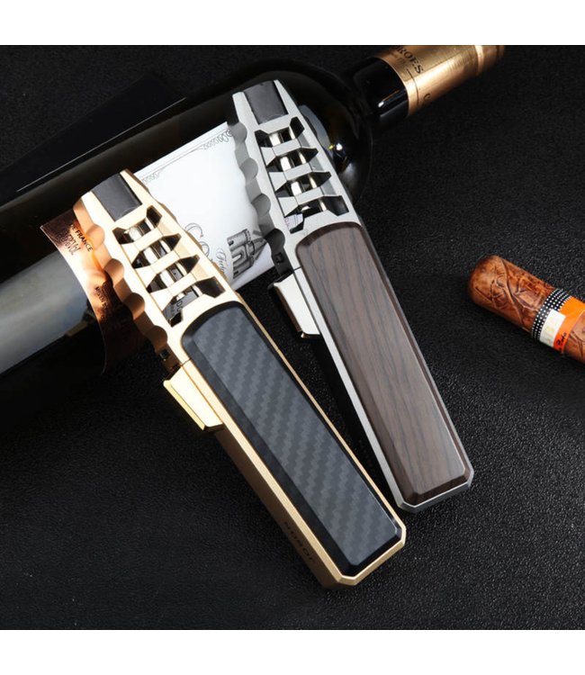 Turbo Jetflame Aansteker - Gasbrander - Vuurwerk Torch - Crème Brûlée Brander - BBQ en Sigaren Aansteker - Windproof - Carbon met Goudkleurige Metalen Behuizing
