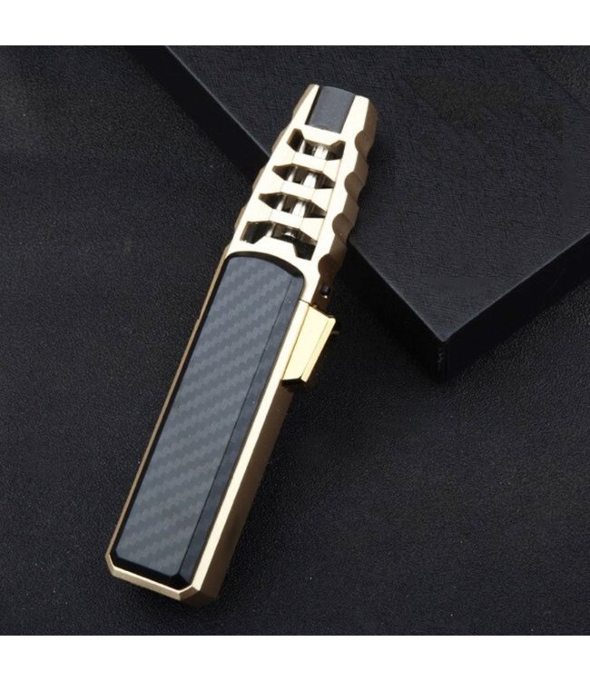 Turbo Jetflame Aansteker - Gasbrander - Vuurwerk Torch - Crème Brûlée Brander - BBQ en Sigaren Aansteker - Windproof - Carbon met Goudkleurige Metalen Behuizing
