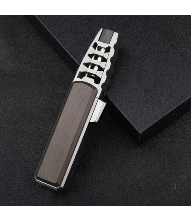 Turbo Jetflame Aansteker - Gasbrander - Vuurwerk Torch - Crème Brûlée Brander - BBQ en Sigaren Aansteker - Windproof - Walnoothout met Grijze Metalen Behuizing