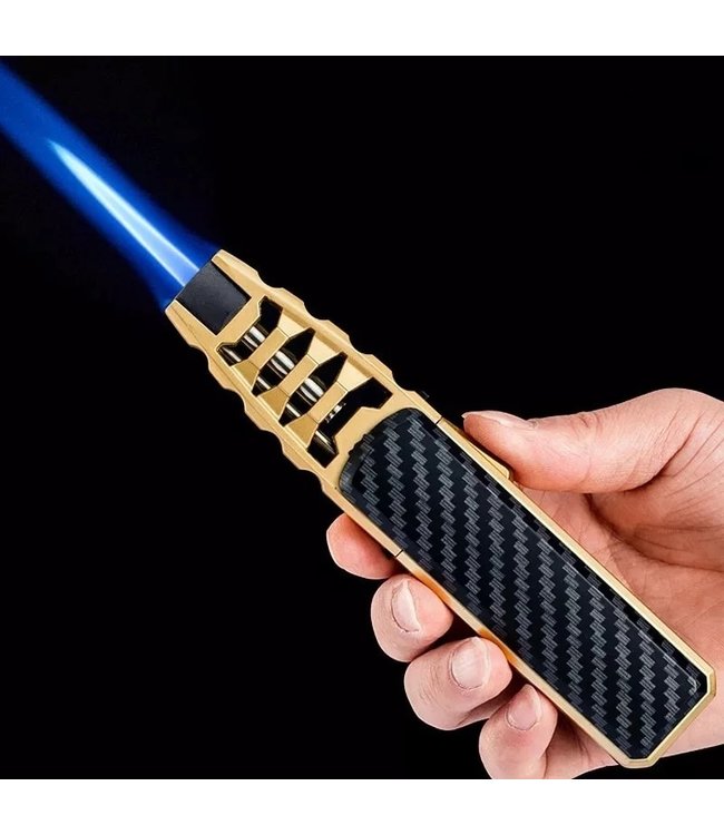 Turbo Jetflame Aansteker - Gasbrander - Vuurwerk Torch - Crème Brûlée Brander - BBQ en Sigaren Aansteker - Windproof - Carbon met Goudkleurige Metalen Behuizing
