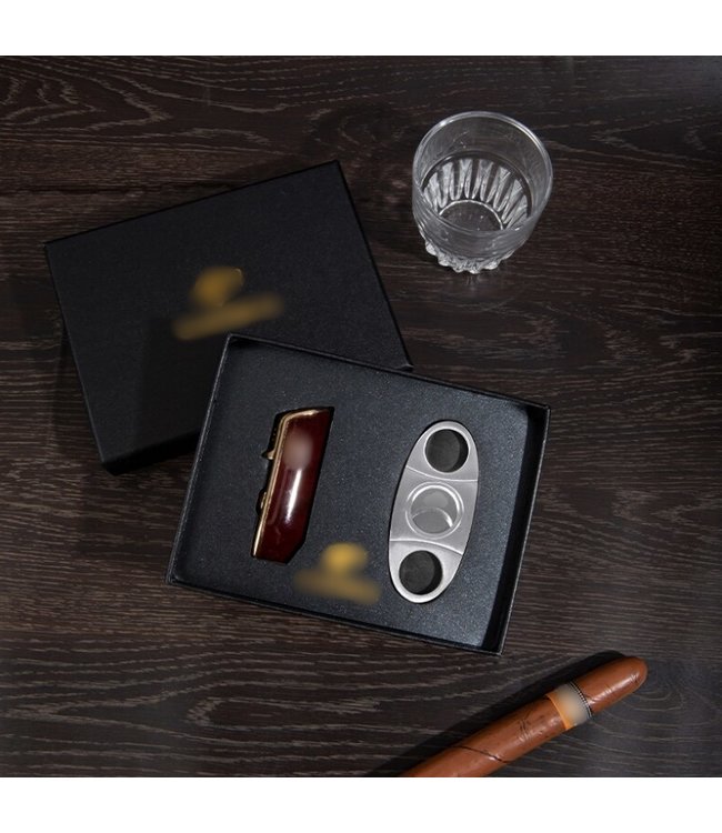 Cohiba sigarenaansteker en sigarenknipper set in rood - Jet flame aansteker met boor en knipper in luxe geschenkdoos