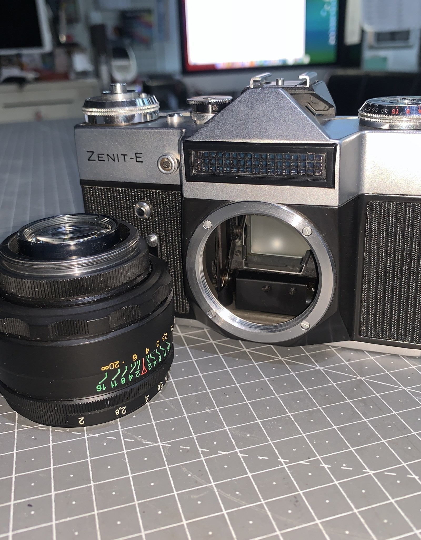 Zenit-E SLR for 35mm film  with Helios 58mm f2 lens & Case