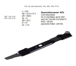 Rasenmähermesser MTD Mulchmesser 53cm  21" Messerlänge 532mm 4-er Stern 23.4 x 17.5mm  GES53 + Troy-Bilt