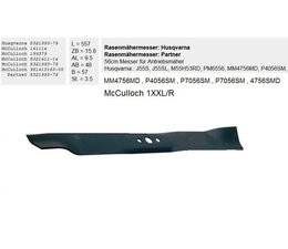 Rasenmähermesser 56cm Flügelmesser Husqvarna / Mc Culloch  / Partner L. 557mm schwache Kröpfung nach unten