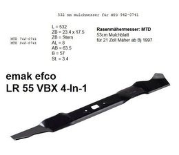 Rasenmähermesser efco emak Mulchmesser 53cm  21" Messerlänge 532mm 4-er Stern LR55VBX