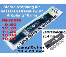 Rasenmähermesser gekröpft 51cm universal bei Mittelzentrierung und Verwendbarkeit einer der Adapterscheiben