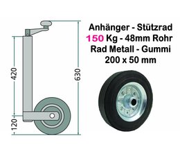 Anhängerstützrad mit Metallrad bis 150 Kg Stützlast Vollgummi Rohrdurchmesser 48mm + Klemmschelle