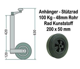 Anhängerstützrad mit Kunststoffrad bis 100 Kg Stützlast zugelassen Rohrdurchmesser 48mm mit Klemmschelle