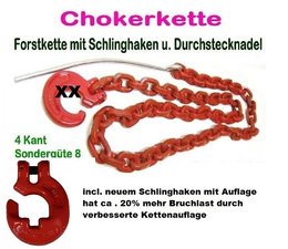 Forstkette 3,0m 4-Kant 9mm Rückekette G8 Schlinghaken rot mit Auflage + Nadel Chokerkette rot Bruchlast  10,5 to