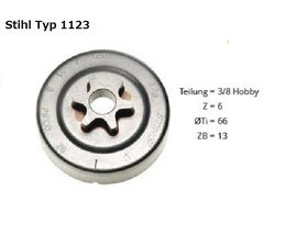 Kettenrad 3/8" Hobby / Picco Teilung mit 6 Zahn Stihl Typ 1123 Spurkettenrad für Kettensäge