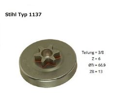 Kettenrad 3/8" 6 Zahn Stihl MS 192T + C Typ 1137 mit Ölschnecke Spurkettenrad für Kettensäge