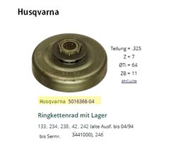 Kettenrad für Husqvarna 133 234 238 42 alt 246 Kettensäge 0.325" Ringkettenrad mit Lager