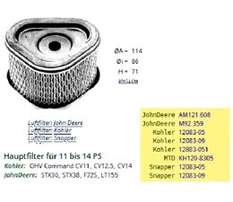 Rasenmäher Ersatzteil Luftfilter Hauptfilter Waffelfilter Einsatz für Kohler John Deere Snapper 11 bis 14 PS  L. 114 I. 86 H. 71