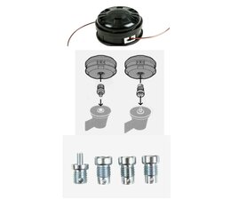 Fadenkopf für Dolmar / Makita  MS 330 MS 3310 MS 340 MS 3500 MS 3524 + C + R u. U Freischneider gerader Schaft u. Winkelgetriebe links drehend Leichtladekopf 130mm mit 4 Adaptern