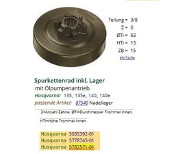 Kettenrad für Husqvarna 135  135e  140  140e Kettenteilung 3/8 Hobby für Kettensäge / Motorsäge