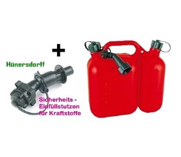 Doppelkanister für Kettensäge + Hünersdorff Kraftstoff Einfüllsystem + manueller Einfüller für Kettenöl