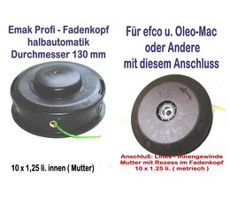 Freischneider Fadenkopf Efco + Oleo-Mac 10x1,25 Li. Mutter / Innengewinde mit 2,4mm Mähfaden für Motorsense